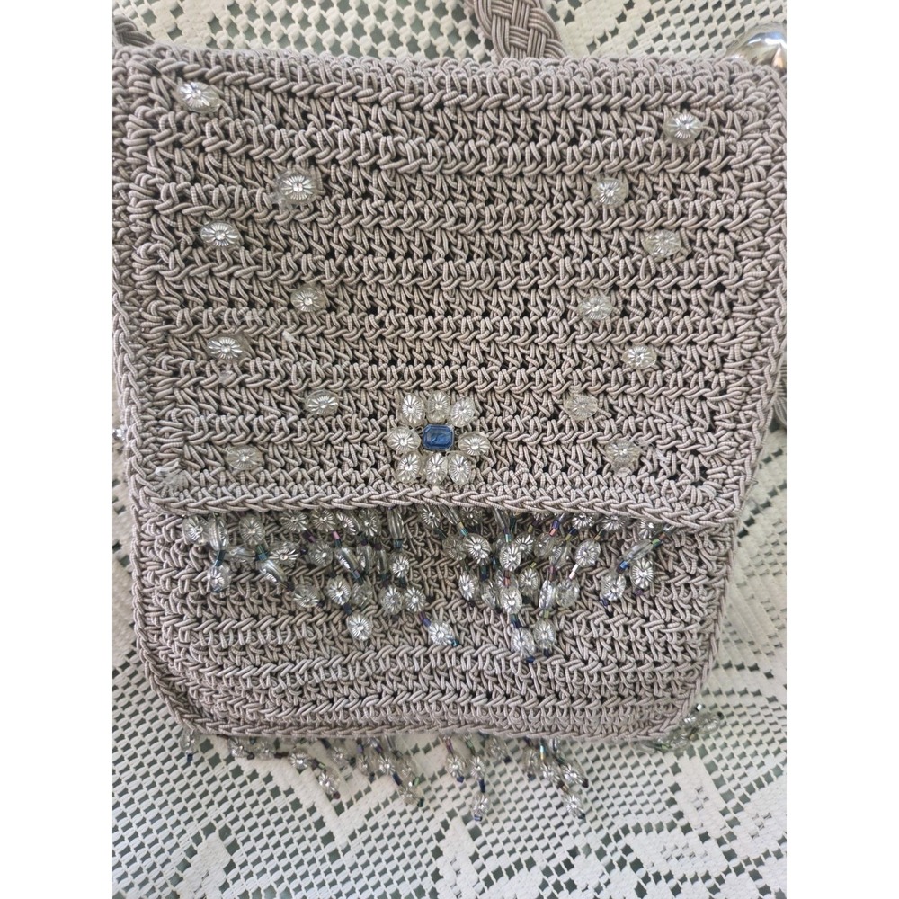 Crochet & Jeweled Crossbody Bag Beige Flap Small Shoulder Purse Boho Love Bag